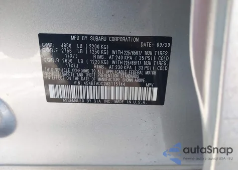 2021 Subaru Outback Premium z USA, uszkodzony, nr VIN 4S4BTADC2M3115144